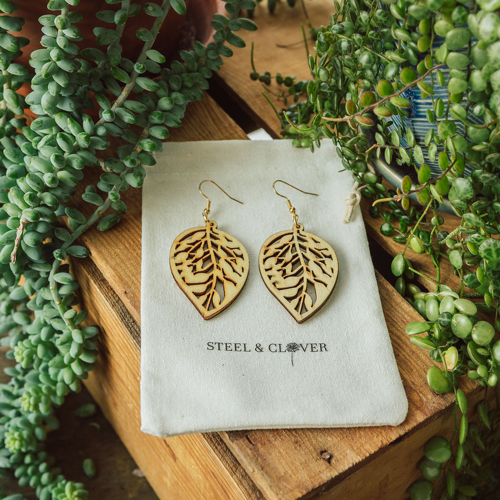 Aspen Wooden Leaf Earrings made from lightweight natural wood with a delicate leaf-inspired design for earthy everyday styling