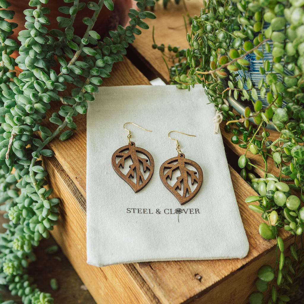 Birch Leaf Wooden Earrings made from lightweight natural wood with a birch leaf-inspired design for soft, earthy everyday styling