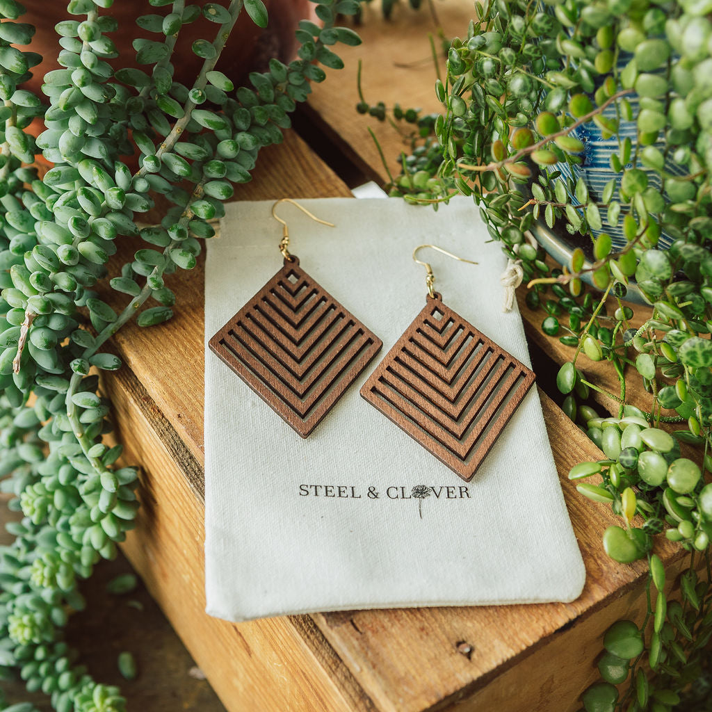 Cobi Geometric Wooden Earrings made from lightweight natural wood with a bold geometric design for modern earthy everyday styling
