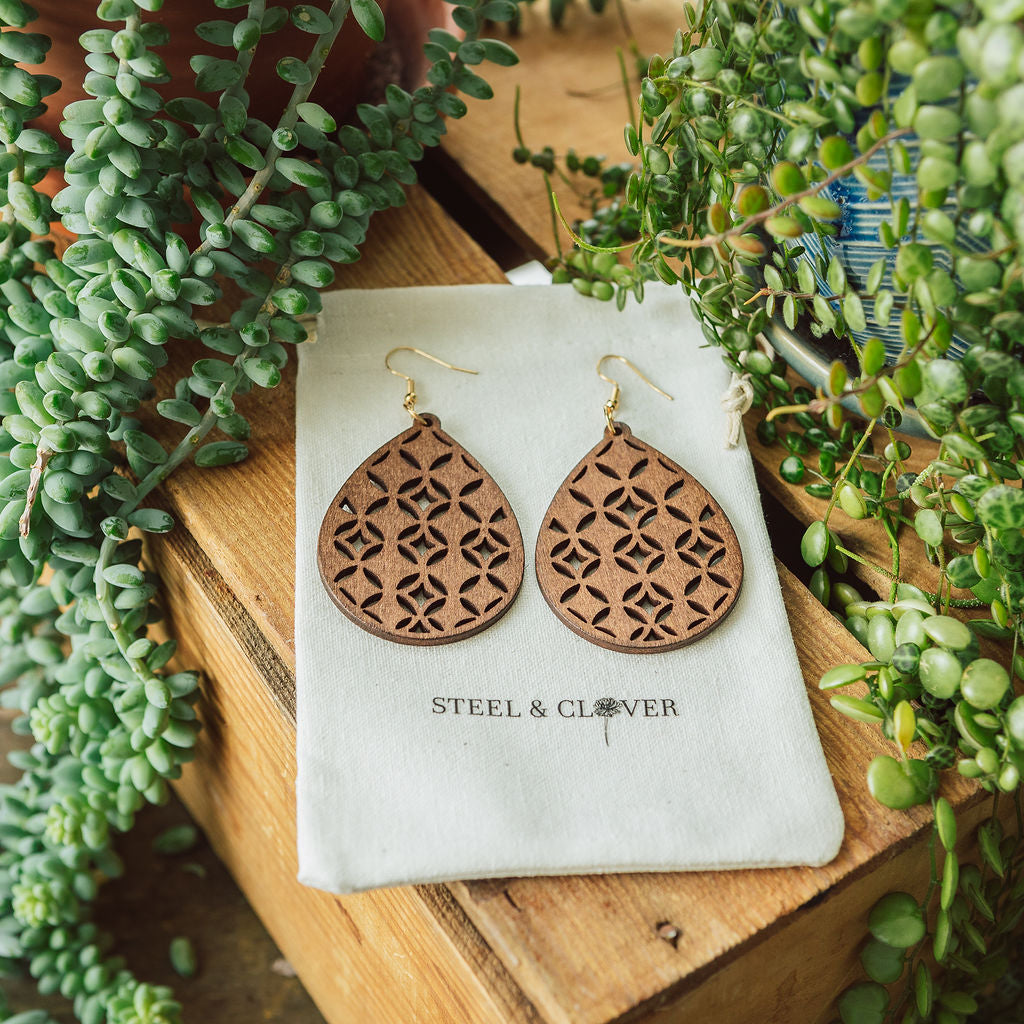 Dimsdale Retro Drop Wooden Earrings made from lightweight natural wood with a vintage-inspired drop design for bold, retro everyday styling