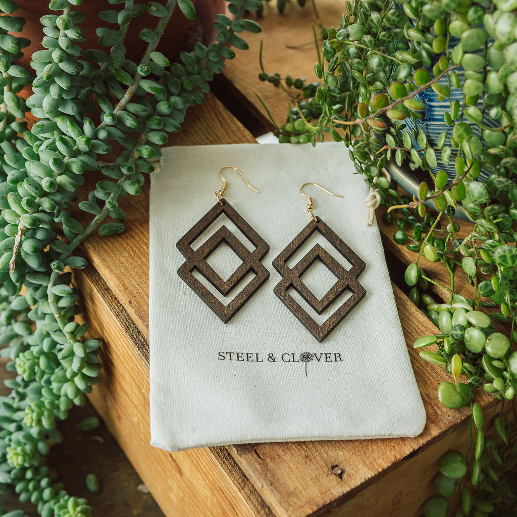 Dunvegan Diamonds Wooden Earrings made from lightweight natural wood with a geometric diamond-inspired design for modern everyday styling