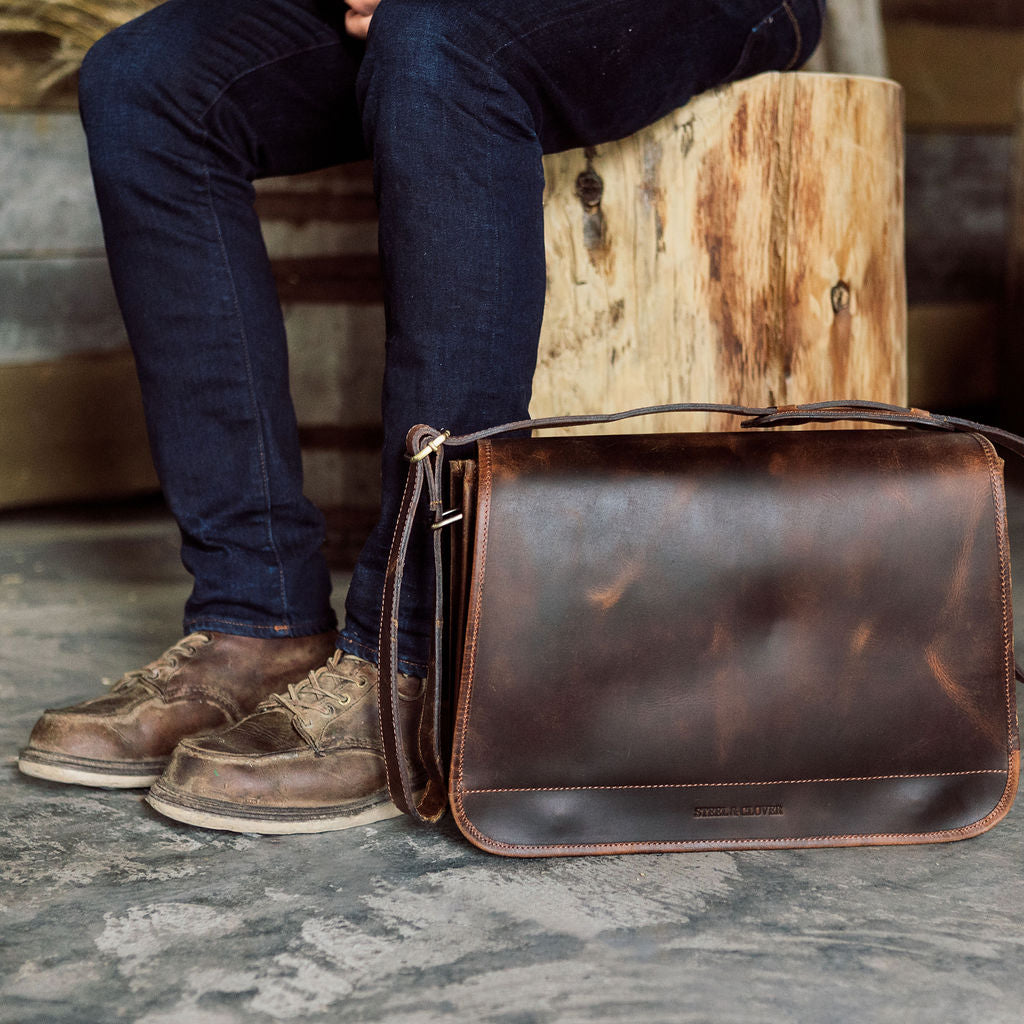 Elmworth Leather Messenger Bag made from premium leather with a structured, classic design for work, travel, and everyday organization