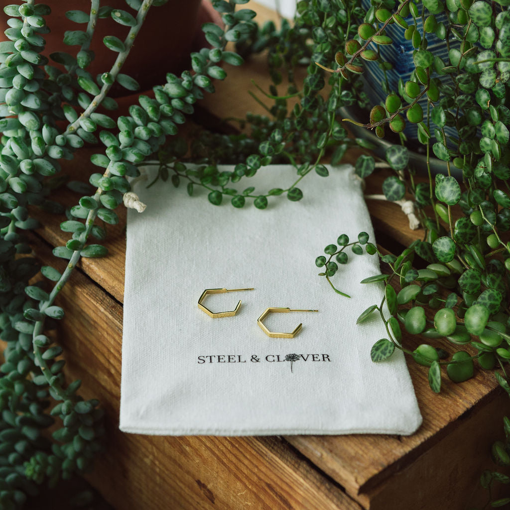 Hexagon Hoop Earrings with a geometric hexagon-shaped hoop design in a sleek, modern finish for everyday and statement styling