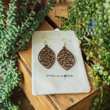 A pair of wooden earrings with a leaf pattern displayed on a white card, surrounded by green plants.