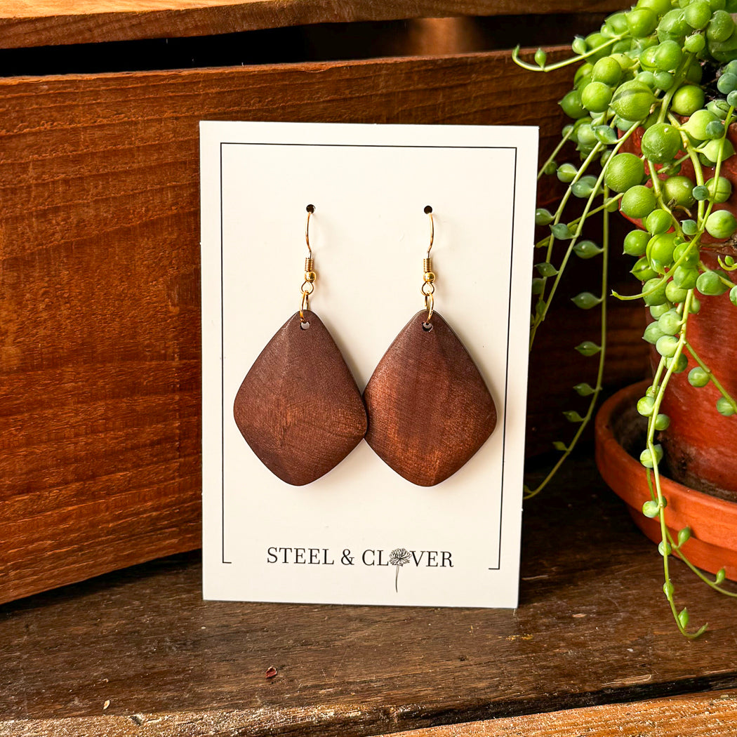 Klondike Wooden Earrings made from lightweight natural wood with a minimal, earthy handcrafted design for everyday wear and styling