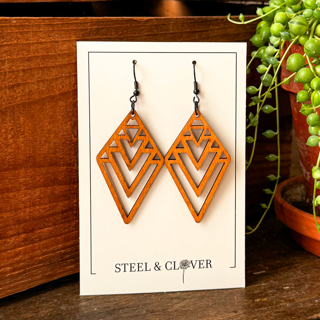 Prospector Wooden Earrings made from lightweight natural wood with a bold, rustic handcrafted design for everyday wear and styling