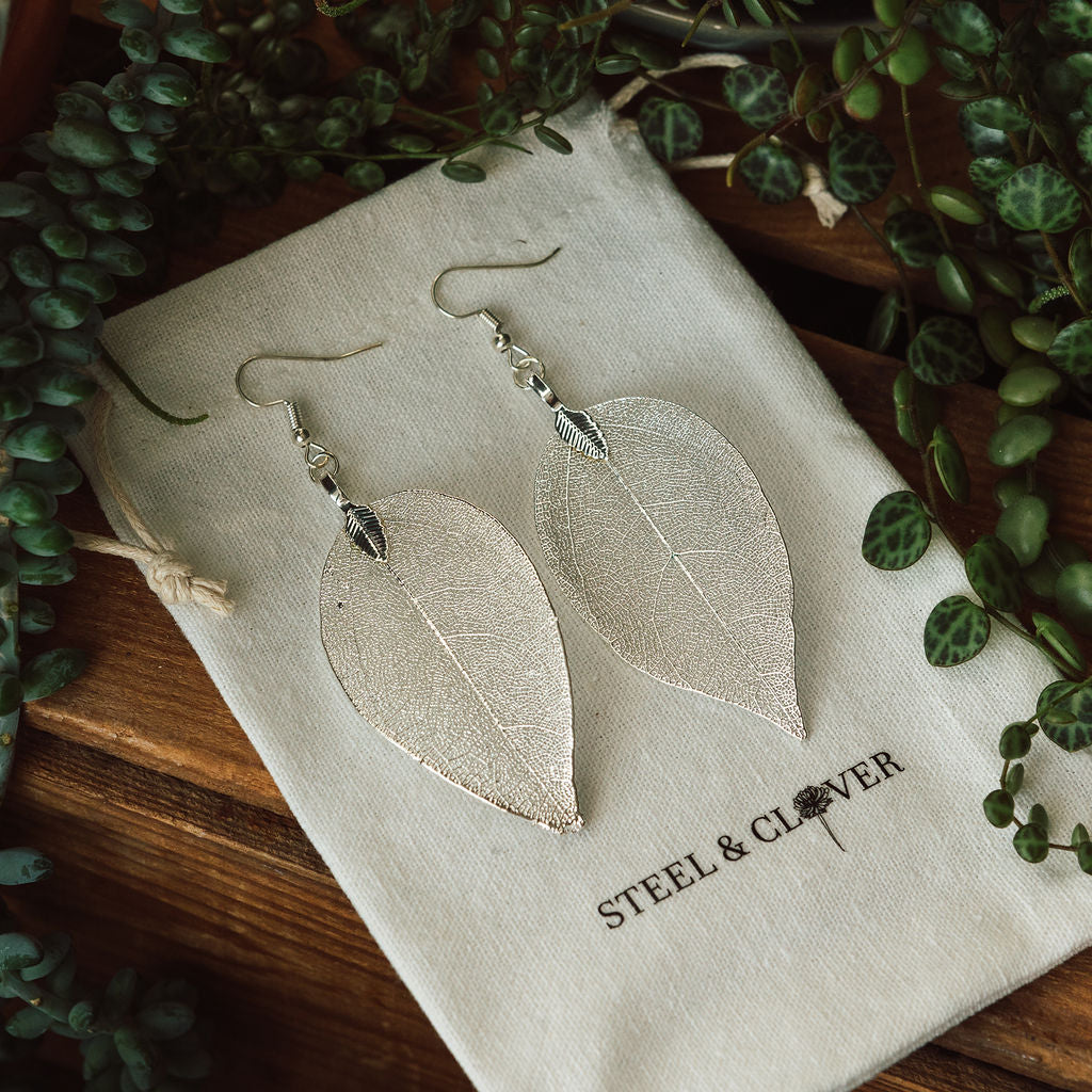 Silver Real Leaf Earrings with a detailed leaf-shaped design in a polished silver finish for elegant, nature-inspired everyday wear