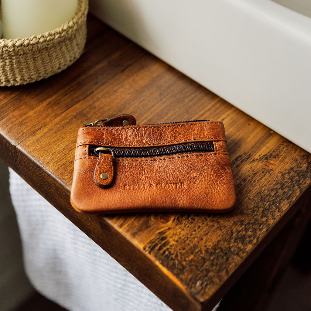 Tangent Leather Coin Pouch made from premium leather with a compact, minimal design for storing coins and small everyday essentials